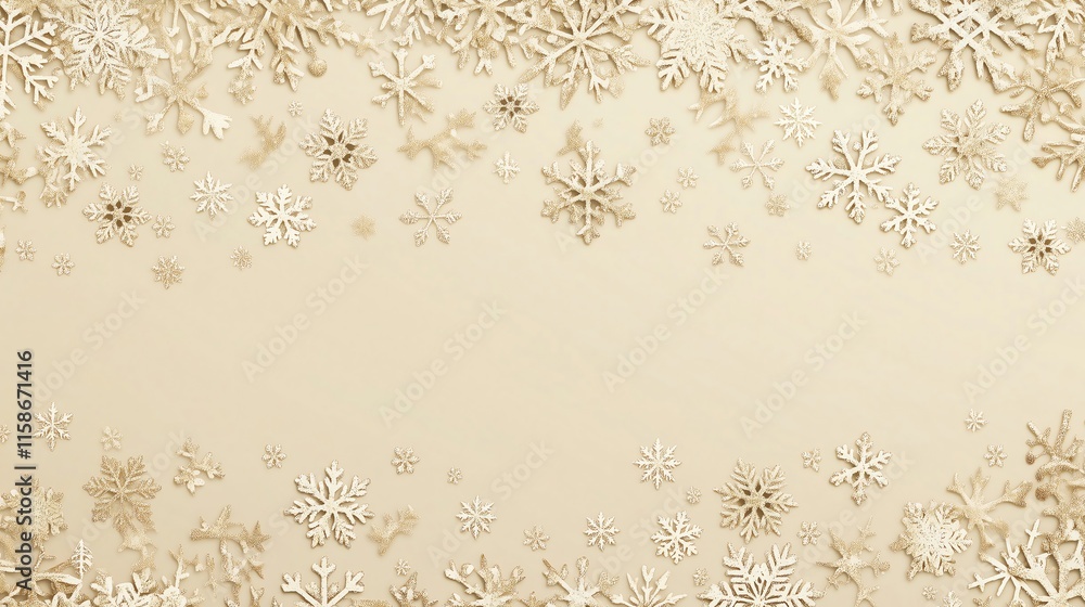 Poster golden snowflakes in a sparse, symmetrical pattern on a soft beige background, luxurious and clean, 