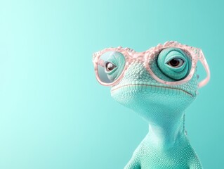 A chameleon wearing oversized sunglasses is set against a solid pastel blue background, giving a playful and quirky feel to the image.