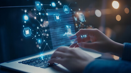 Online assessment and survey concept. A person interacts with virtual checklist on laptop, symbolizing online assessments, surveys, exams, or quizzes. digital evaluation and data collection. fill out