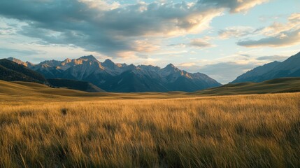 Fototapeta premium Golden hour sunset over vast grassy plains and majestic mountain range.