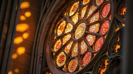 Ornate circular stained glass window with warm, red and orange hues.