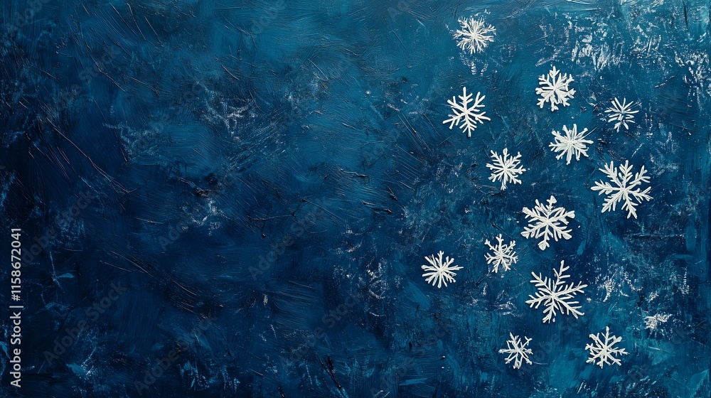 Poster sparse white snowflakes floating softly on a textured deep blue background, evoking calm and eleganc