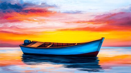 Fototapeta premium Serene Blue Boat Gently Rides Vibrant Sunset Seascape: Digital Painting. AI Generated