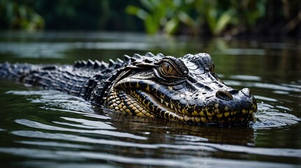 Fototapeta premium Sleek powerful caiman lurking in murky waters of an untamed jungle environment during the golden hour of twilight