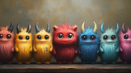 Cute fluffy rainbow monsters in a row.