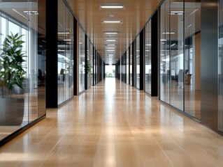 Fototapeta premium A modern, sleek business office hallway with polished wooden floors and glass-walled offices. The atmosphere is calm and professional.