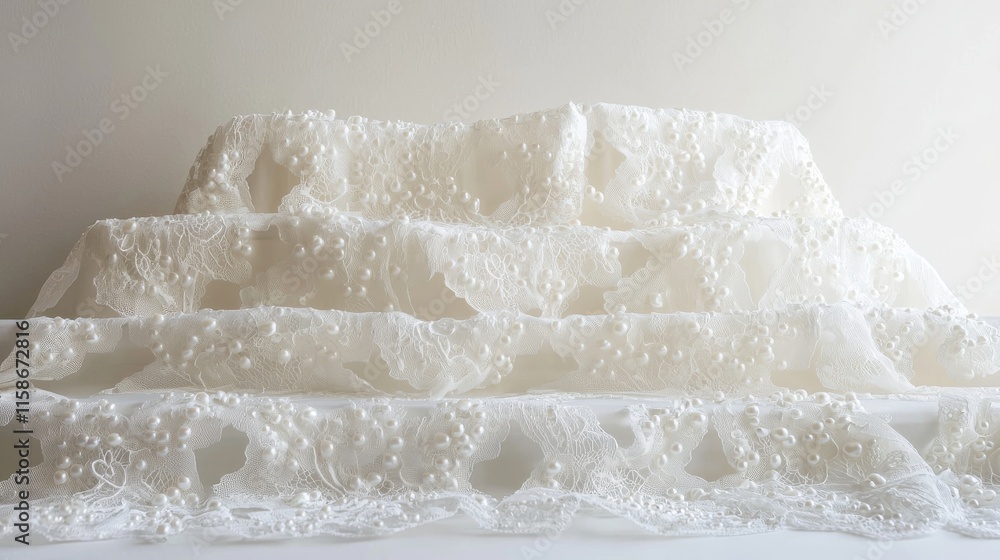 Poster a soft, textured white fabric layered elegantly, showcasing intricate patterns and depth against a p