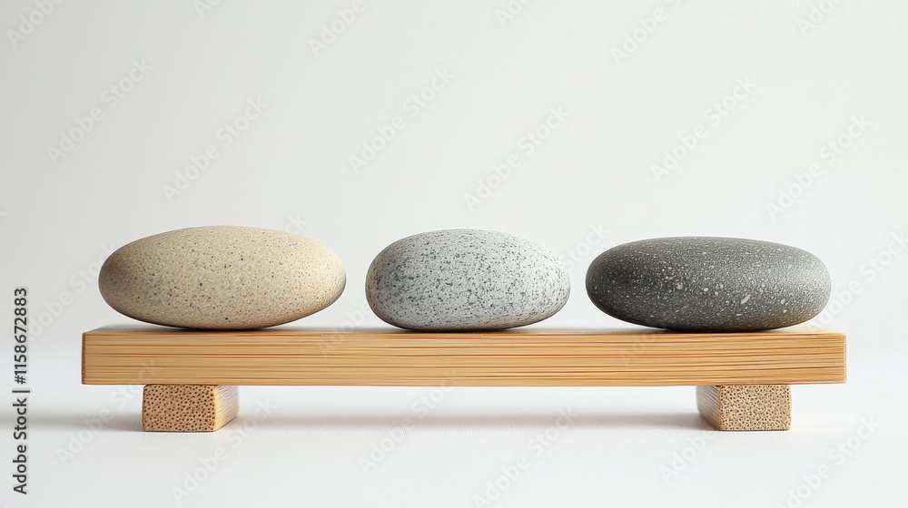 Poster three smooth stones in neutral tones are balanced on a minimalist wooden stand, creating a serene an