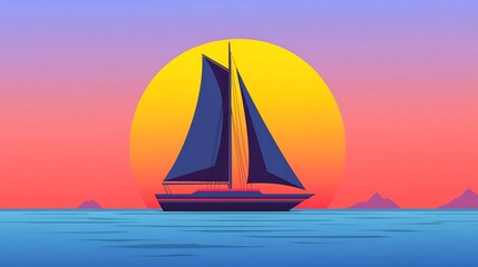 Fototapeta premium Sailing Smoothly into Sunset: Vibrant Digital Illustration of a Sailboat. AI Generated