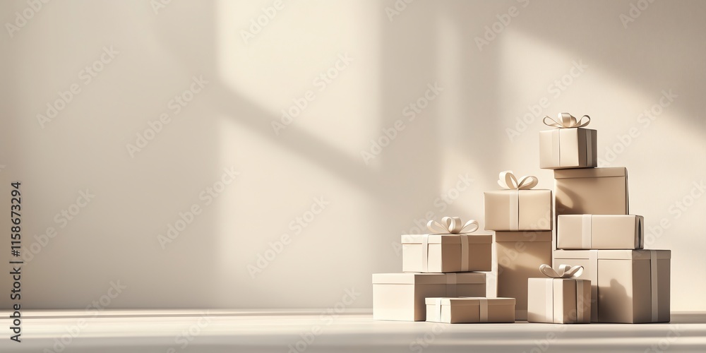 Poster elegant stack of gift boxes in various sizes with soft shadows, set against a serene beige backgroun