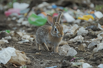 Fototapeta premium A rabbit running through a polluted field, with plastic and trash scattered