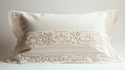 A decorative pillow featuring intricate lace trim, perfect for enhancing home decor with a touch of elegance and comfort.