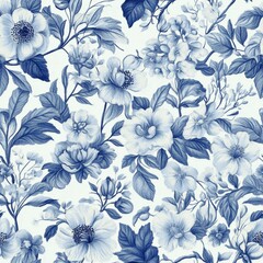 Bloom. Vintage floral seamless pattern. Spring flowers. Blue and white. Chinoiserie