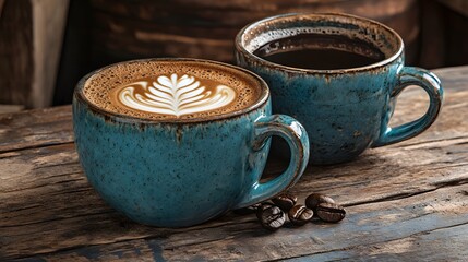 Two Rustic Mugs of Coffee and Latte Art
