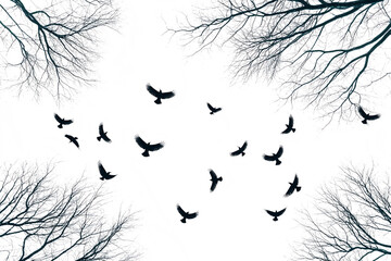 Obraz premium A flock of birds flying across a bare tree-lined sky. Minimalistic art evoking freedom, peace, and the beauty of nature.
