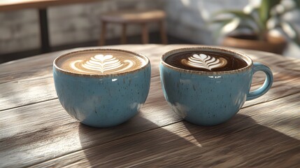 Two Latte Art Coffee Cups On Wooden Table