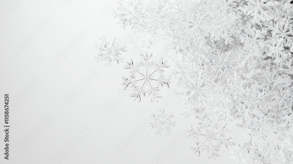 Poster a pattern of transparent snowflakes gently floating on a white-to-light-gray gradient background wit