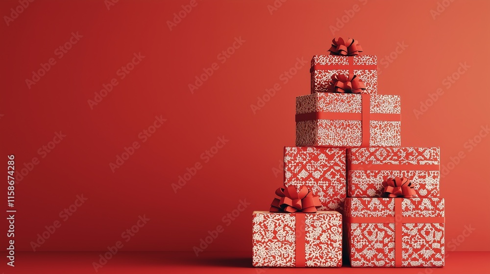 Poster paper cut style artwork of stacked gift boxes with intricate chinese-inspired patterns arranged in a