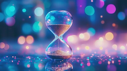 Hourglass with bokeh lights, time concept.