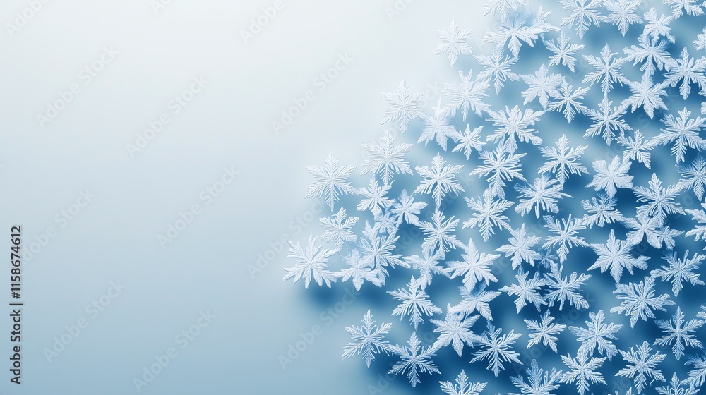 Poster a beautiful pattern of evenly spaced snowflakes on a gradient background transitioning from soft blu