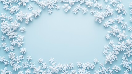 A serene and minimal composition of small, spaced-out snowflakes on a pale blue gradient fading into white, leaving a large blank area in the center for creative design elements or text.