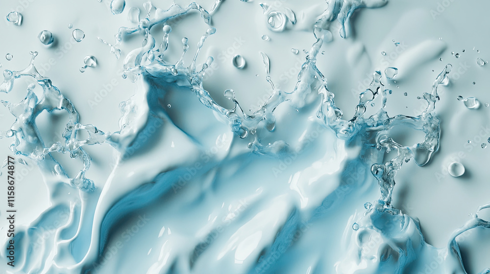 Poster water splashes and ripples create an artistic display of movement and flow in a clear blue backdrop.
