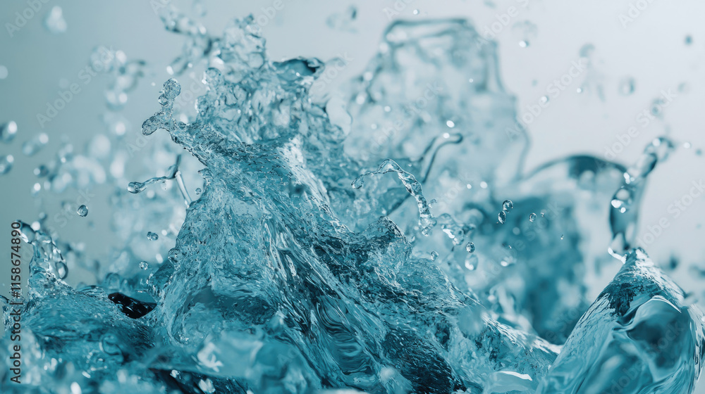 Poster dynamic water splash showcasing vibrant blue tones with sparkling droplets captured against a soft b