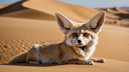 Curious fennec fox exploring the golden sands of the desert at midday, showcasing its oversized ears and inquisitive nature