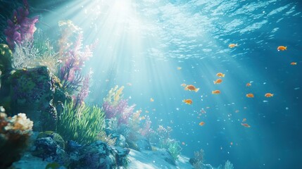 Fototapeta premium Sunbeams illuminate vibrant coral reef and fish.