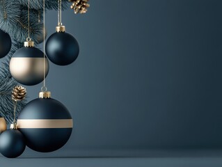 Minimalistic Christmas background featuring dark blue and gold ornaments hanging from a pine branch against a muted blue backdrop.
