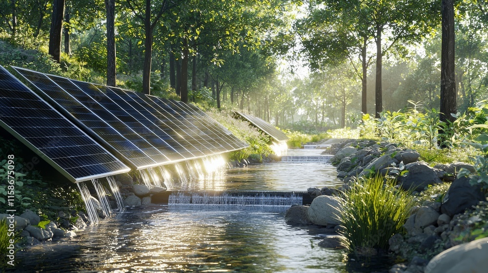Poster a serene stream flows through a lush forest, illuminated by soft sunlight filtering through the tree