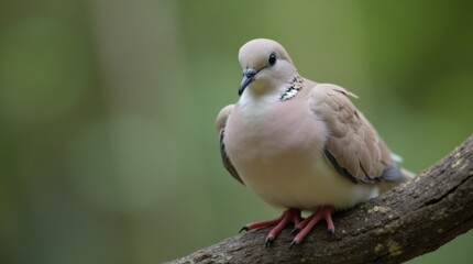A close-up of a peace dove perched on a branch, showcasing its delicate features and soft feathers, embodying the spirit of peace and calm in a natural setting.
