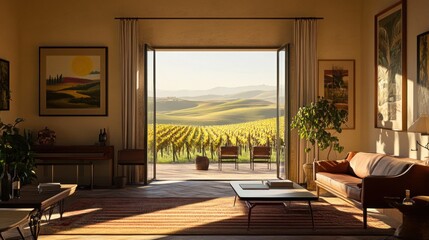 Fototapeta premium Sunlit living room with vineyard view. (1)