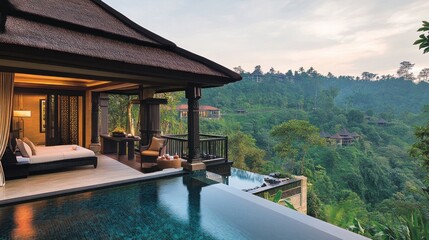 Fototapeta premium Luxury villa with infinity pool overlooking lush green valley.