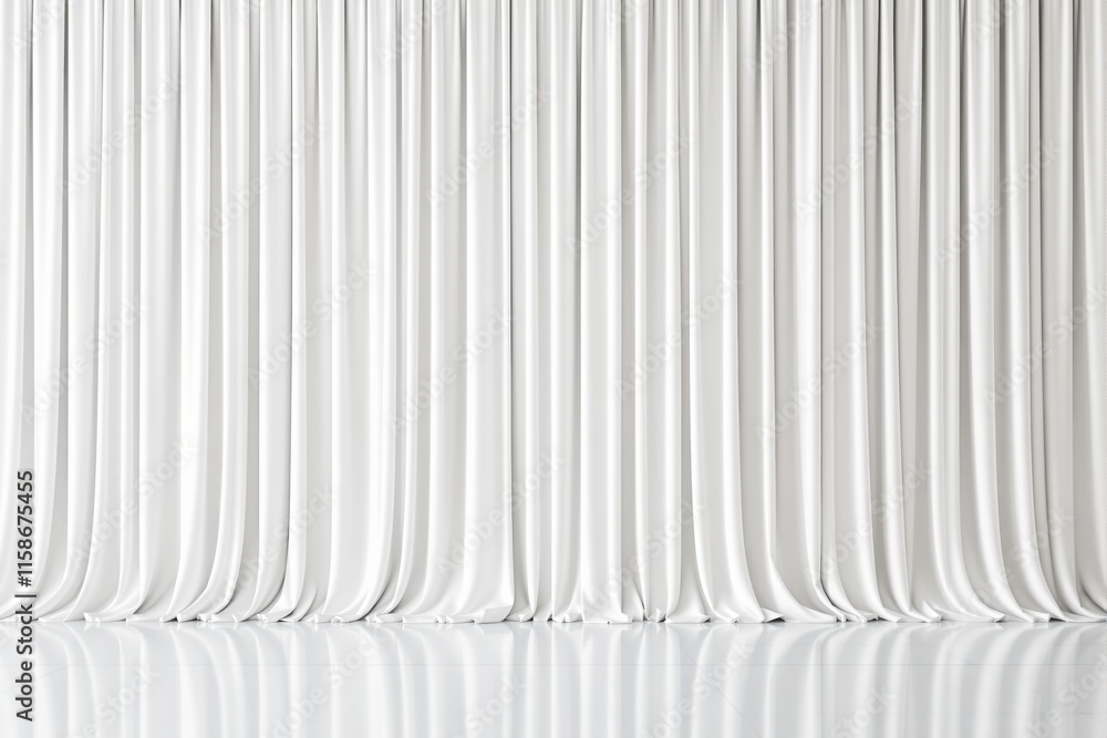 Poster white curtains with soft folds covering the entire frame, creating a minimalist and clean aesthetic,