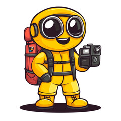 Obraz premium Cute yellow robot with backpack and camera.