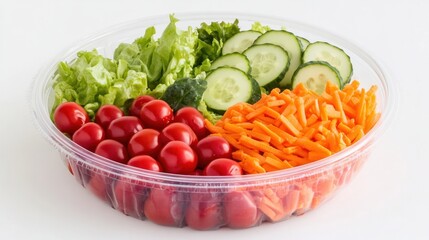 Fresh salad in a clear plastic container with lettuce, cherry tomatoes, cucumber, and shredded carrots.