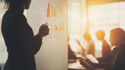 Teacher presenting statistical graphs during a lecture in a classroom with warm sunlight and focused student engagement