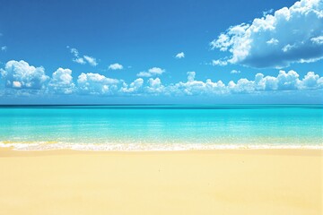 Fototapeta premium Scenic tropical beach with clear turquoise water meeting a sandy coastline under a bright sky filled with fluffy clouds, perfect for relaxation. Ai generative