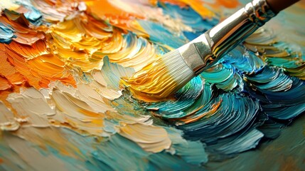 Vibrant Oil Paint Strokes Close-Up View of Paintbrush Creating Impasto Textured Artwork