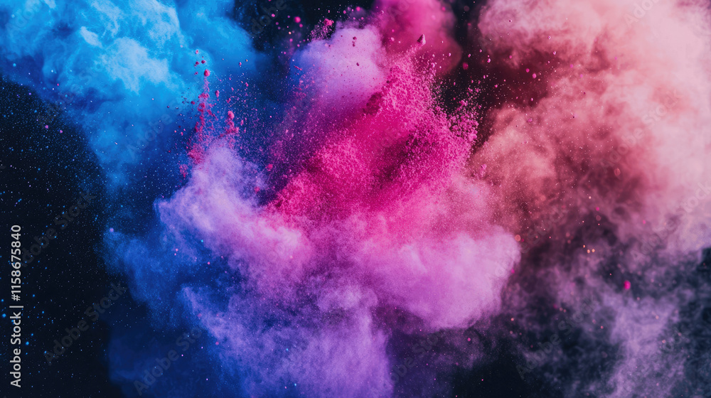 Poster colorful clouds of powder create a vibrant artistic display in a dark setting during an artistic eve