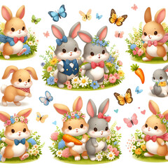 Obraz premium Cute bunnies with Easter eggs and flowers. Generative AI