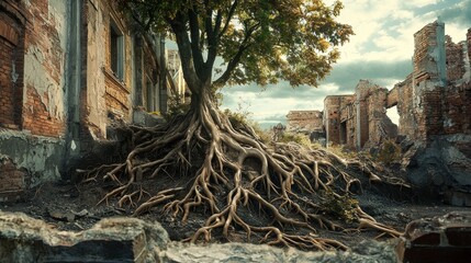 Obraz premium A majestic tree rises from ruins, its expansive roots intertwining with remnants of a forgotten structure under a dramatic sky.