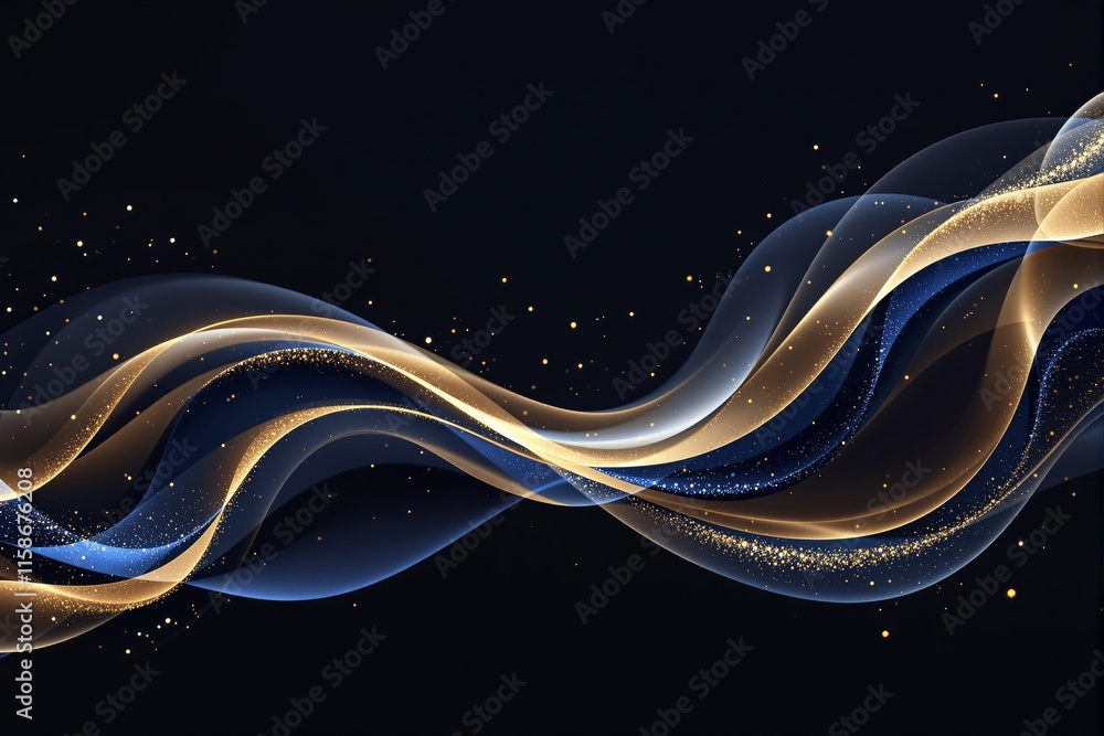 Poster abstract golden and blue wavy lines intertwined with sparkles on a dark background. elegant and mode