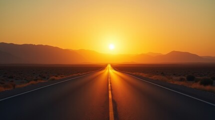 Fototapeta premium A long, straight road stretches into the horizon under a warm sunrise, with mountains on the horizon, portraying journey and adventure with a hint of tranquility.