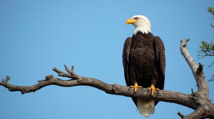 A majestic bald eagle perched on a tree branch, showcasing its iconic white head and tail feathers against a clear blue sky, symbolizing strength and freedom in its natural habitat.