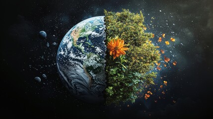 A surreal depiction of Earth, half vibrant with nature and flowers, half depicting a desolate, barren landscape, symbolizing ecological contrast and change.
