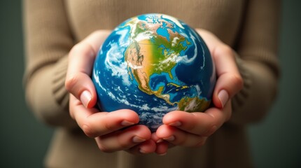 A powerful image of hands gently holding a globe, symbolizing care and responsibility for the Earth, with a focus on the vibrant colors of the continents and oceans, set against a soft background.