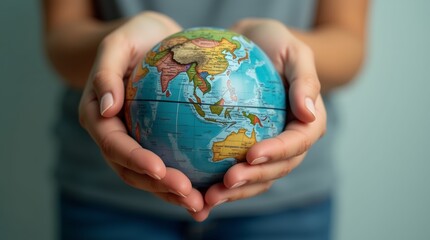 A powerful image of hands gently holding a globe, symbolizing care and responsibility for the Earth, with a focus on the vibrant colors of the continents and oceans, set against a soft background.