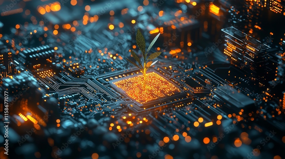 Poster a vibrant close-up of a computer circuit board, featuring glowing elements and intricate details, il